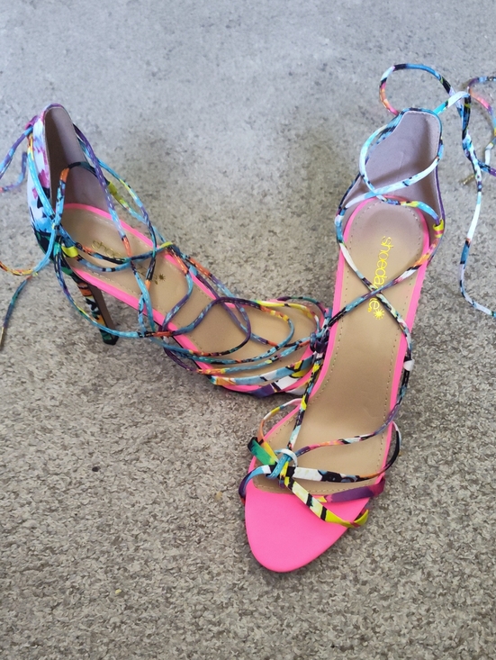 Shoe Dazzle Shoes - Shoe Dazzle Neon Pink Multicolor Strappy Lace-Up Heels